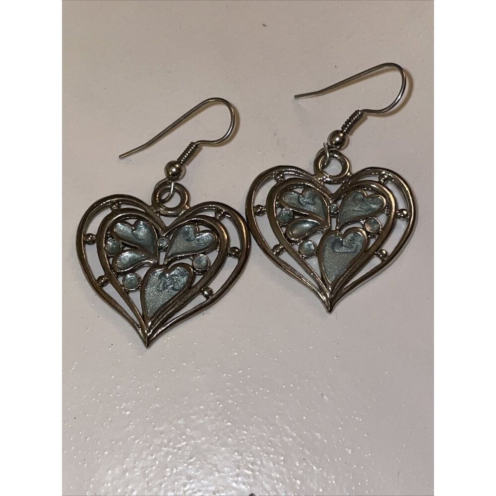 Heart Silver Tone Metal Earrings‎ Blue Shimmer Enamel Dangle Drop Openwork A54